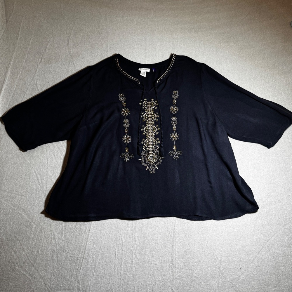 Catherines Navy Blue Embroidered Tassel Tie Blouse Top 2XWP Petite Boho Rayon
